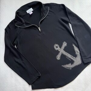 Marushka Women Black Anchor Hand Printed Quarter Zip Pullover Sweatshirt Small